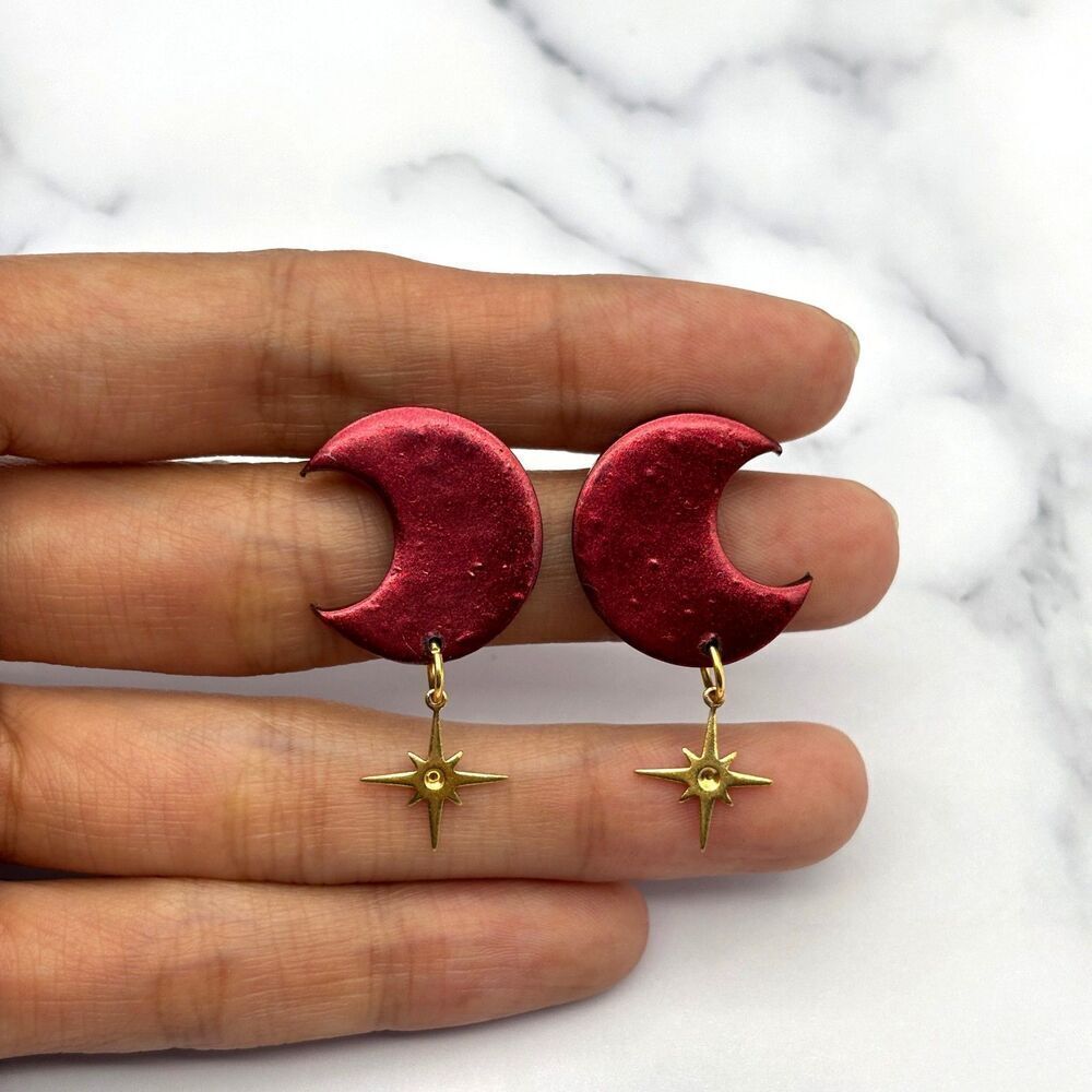Red Moon and Star Dangle Earrings | Polymer Clay Crescent Jewelry - Picture 2 of 11